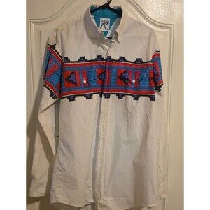 Roper Men's Cream Button-Up with Turquoise, Red & Purple Southwestern Stripe